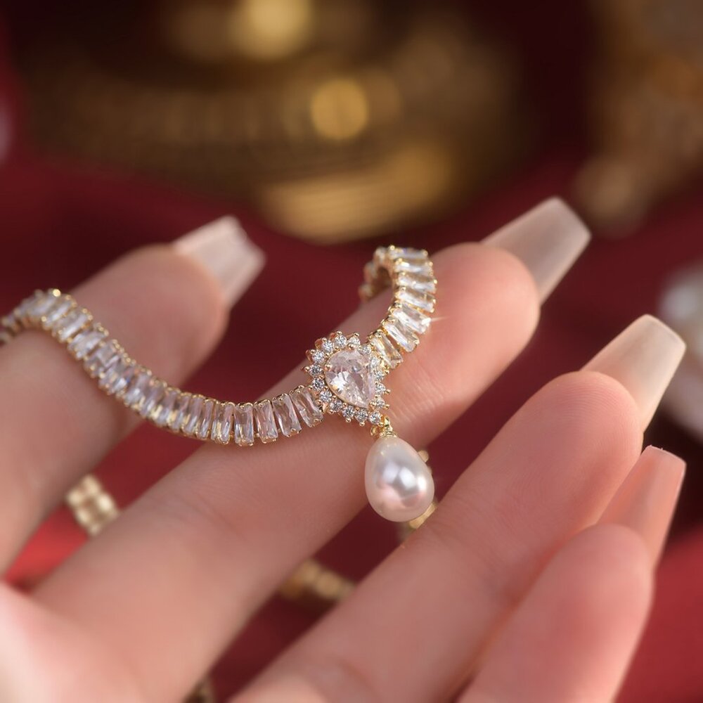 NEW 14K Gold Plated Baguette Diamond Pearl Drop Necklace - Picture 10 of 12